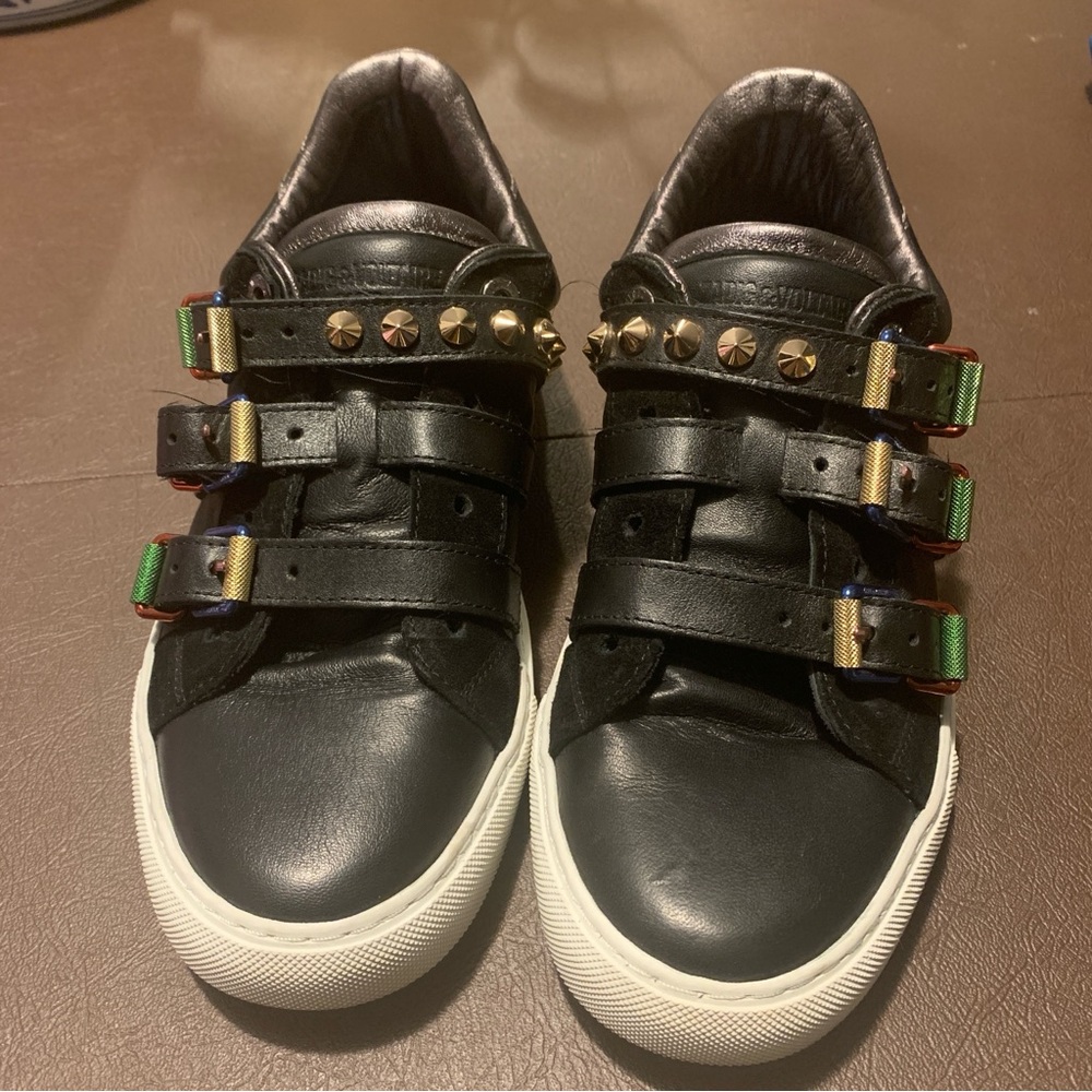Zadig Voltaire Sneakers  Black Leather Metal Buckled Studded Sz 39  US 8